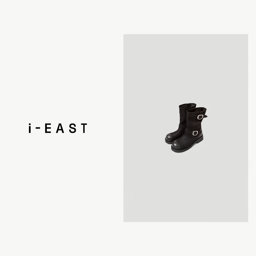 i-EAST 芬兰公路~做旧绒绒扣饰百搭中筒靴-4Q PS7479