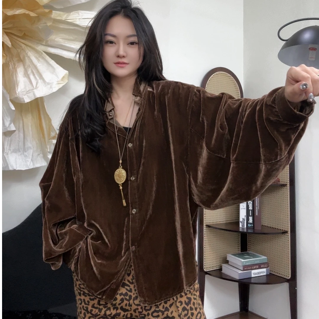 museguhui/木色古汇82506#长袖复古宽松中式金丝丝绒衬衣