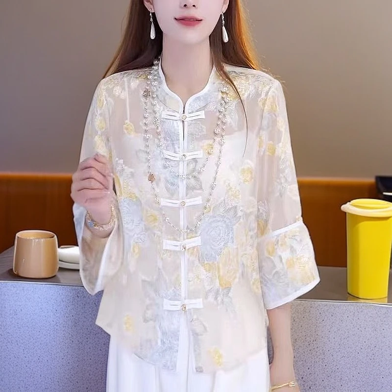 新中式古风衬衫上衣春夏衬衣时尚复古薄款显瘦气质七分袖小衫N153