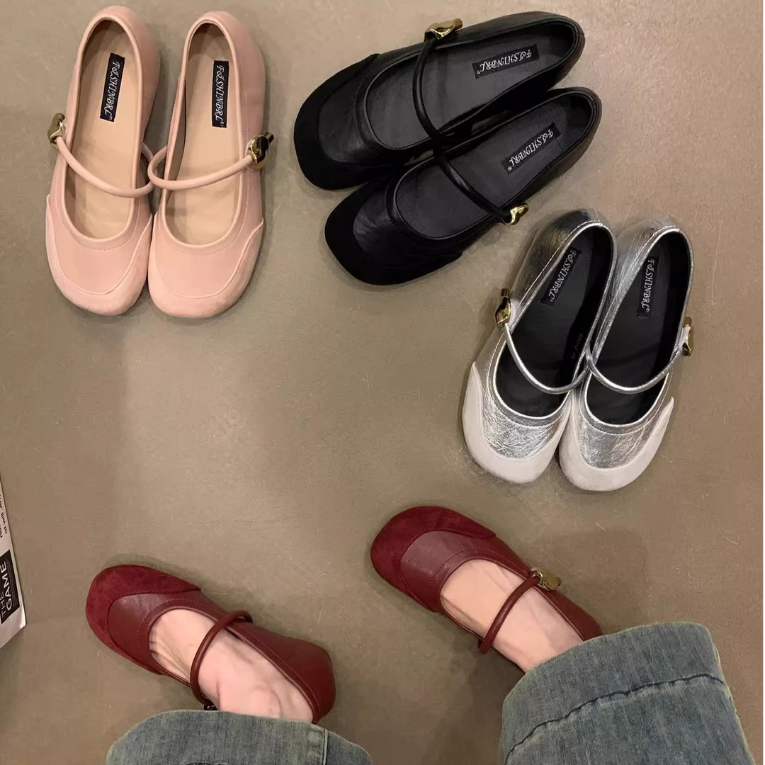 法式温柔风晚晚鞋一字带拼接圆头内增高玛丽珍芭蕾舞鞋粉色单鞋女