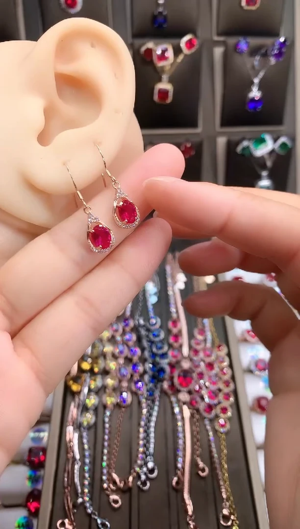 【闪购商品】红宝石耳饰银S925镶嵌玫瑰金