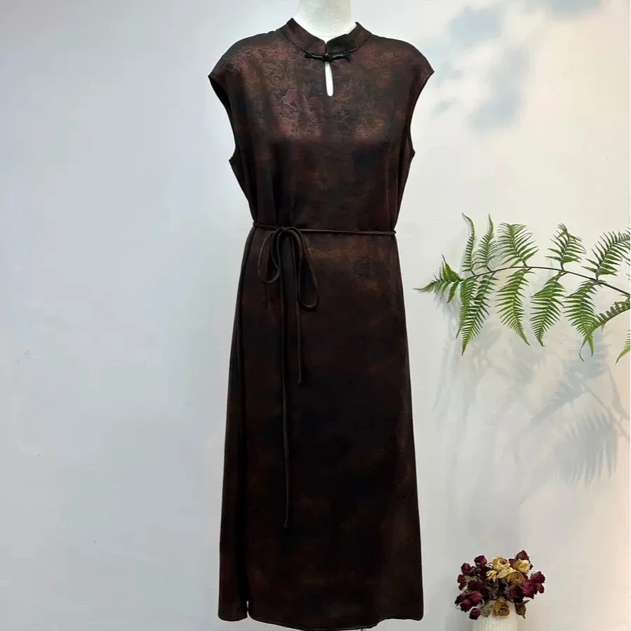 [WYZAKING]【闲月乘舟】新中式国风盘扣晕染水滴领腰带气质中长裙