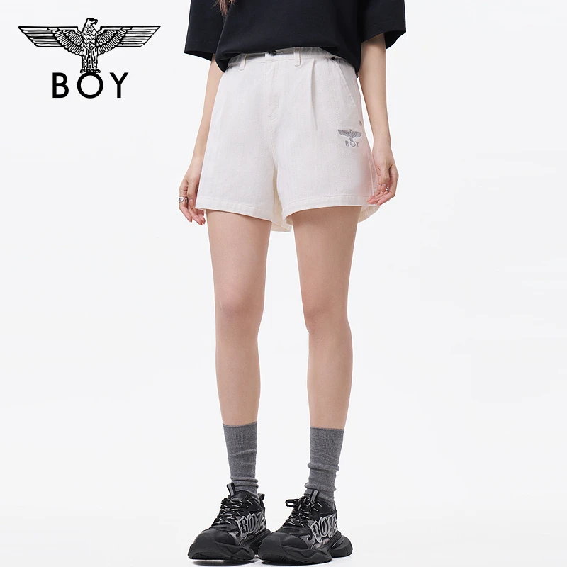 BOYLONDON25新款夏季女款简约时尚街头米白色潮牌牛仔短裤W53004