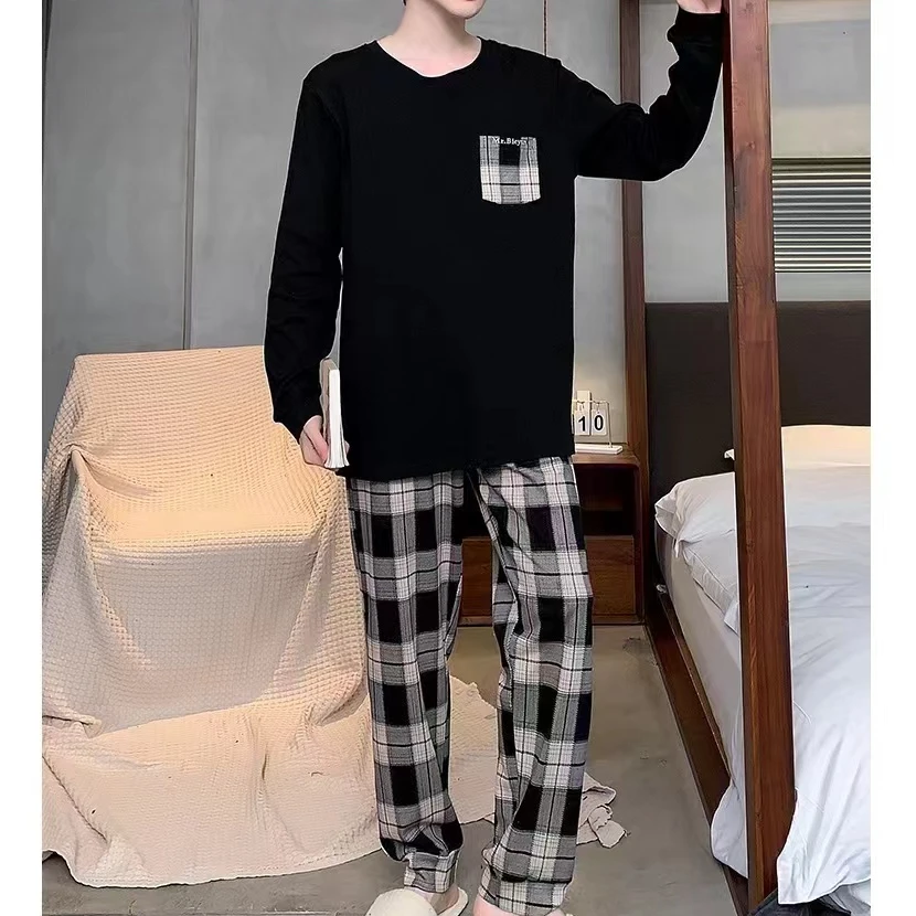 8899新款纯棉睡衣男士长袖长裤套装秋冬季家居服男士休闲睡衣