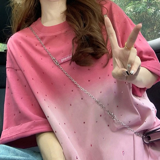 粉色渐变短袖t恤女夏季2025新款爆重工烫钻美式潮牌宽松oversize