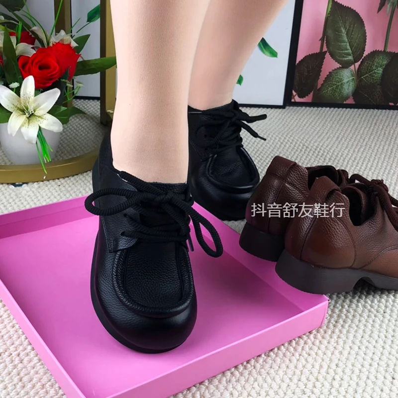 牛皮单鞋女2025春季新款真皮粗跟低跟女鞋妈妈鞋复古单鞋百搭舒适