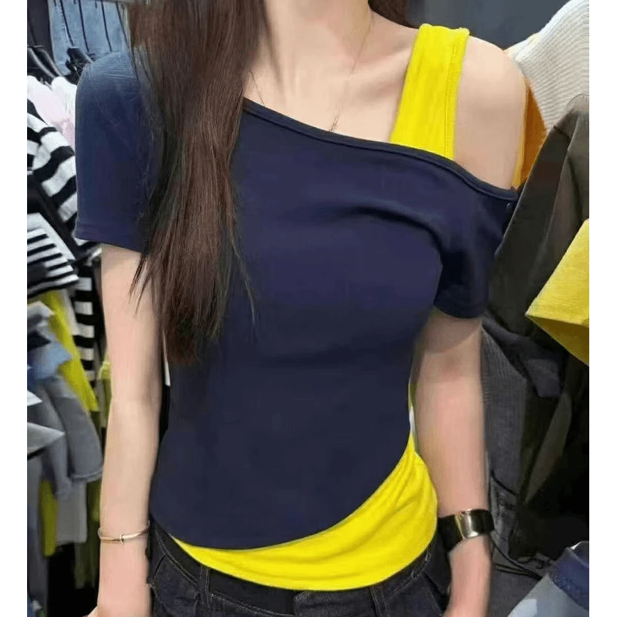 欧货斜领露肩短袖t恤女2025新款夏季时尚修身显瘦假两件上衣女装