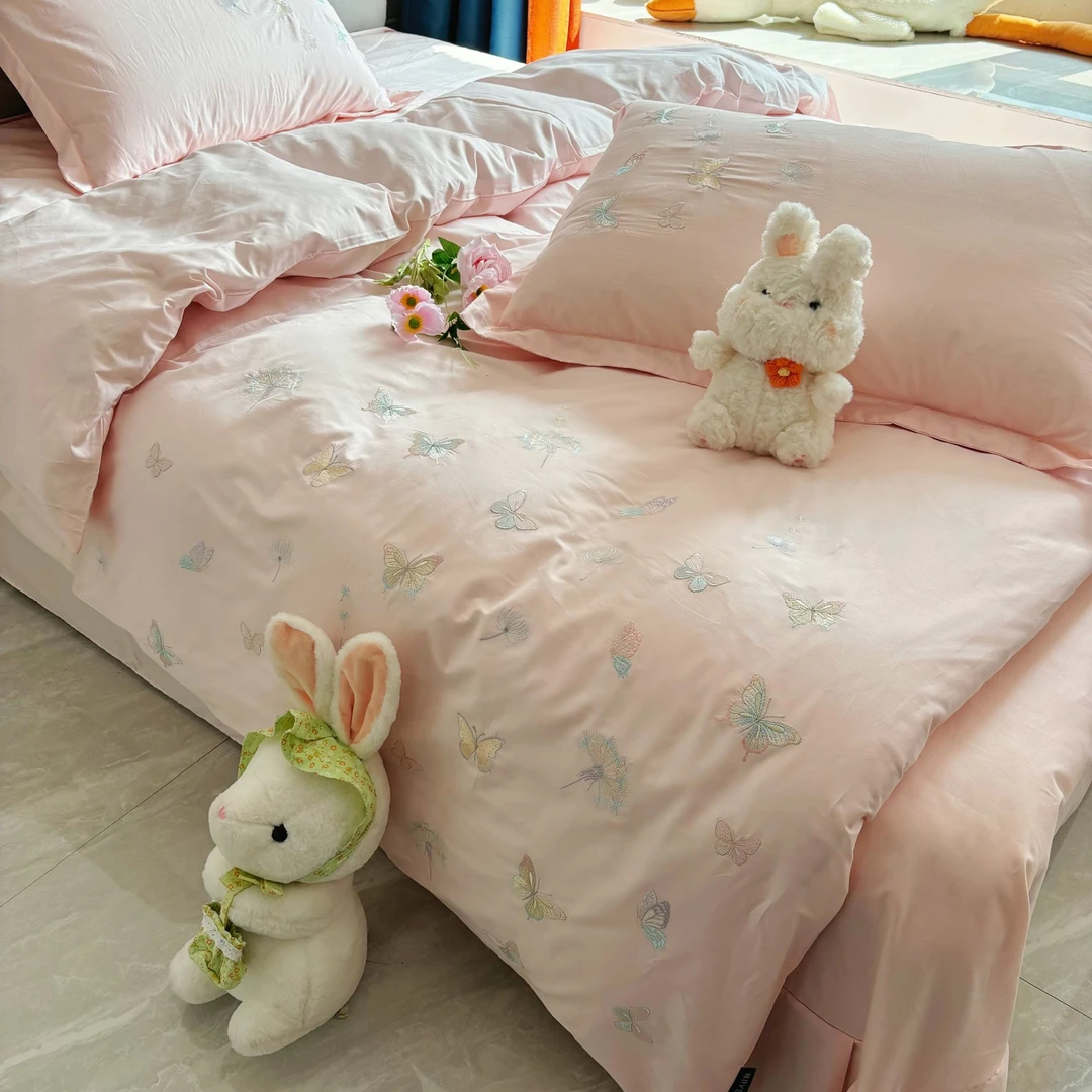 全棉纯棉四件套刺绣蝴蝶床裙款床上用品轻奢风