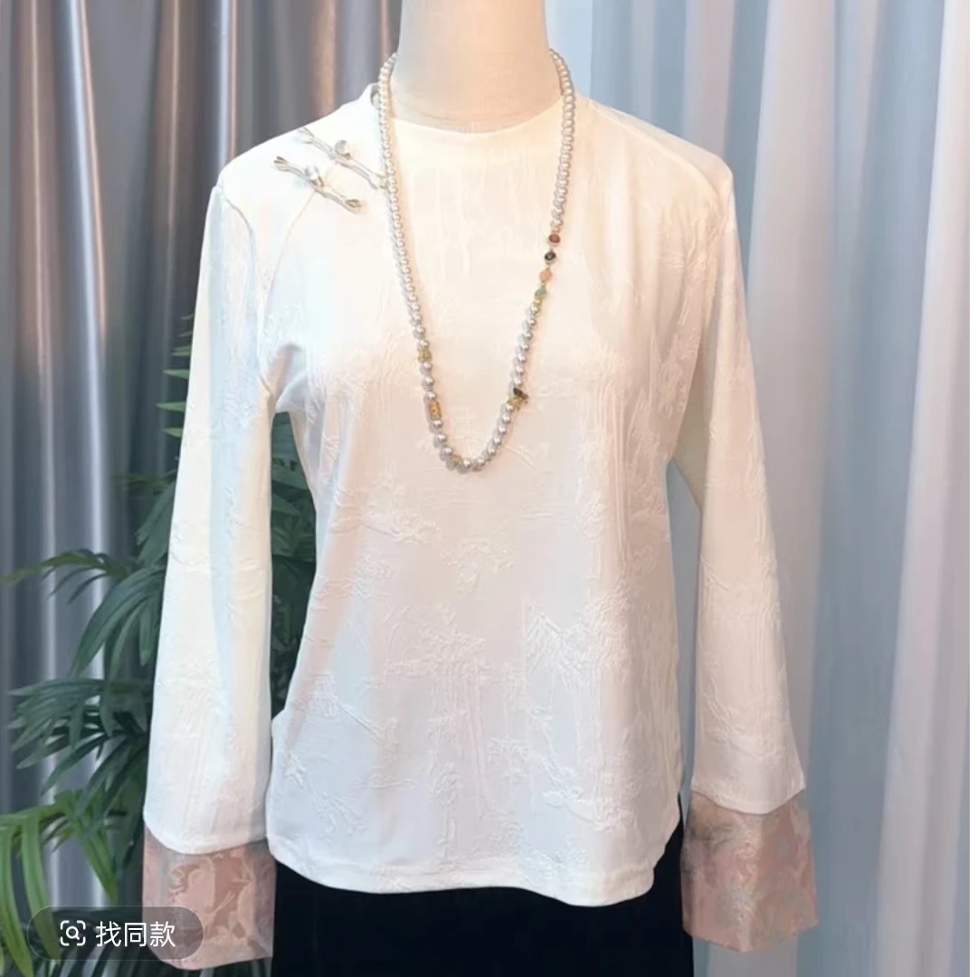 【轻舞】早春新款高弹力新中式丝缎提花拼接袖口时尚气质内搭T恤