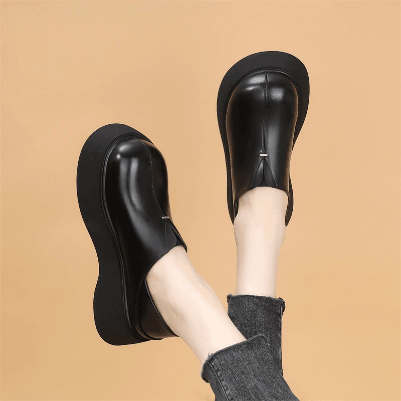 英伦风小皮鞋女2025春季新款圆头厚底休闲两穿乐福鞋增高百搭单鞋