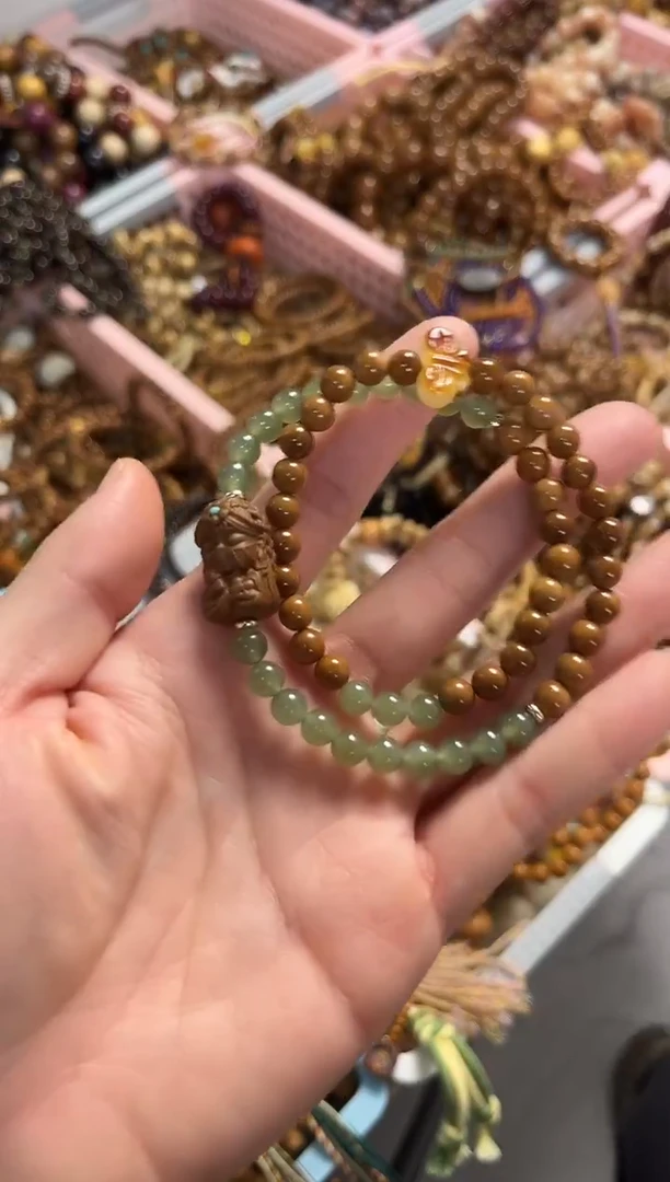 未镶嵌手串和田玉库克圆珠6mm双圈搭配和田玉蜜蜡蝴蝶