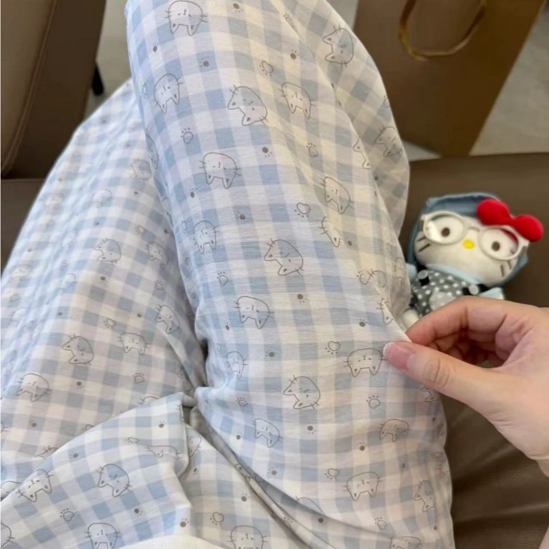 【有口袋】新款薄款蓝色小猫格子裤子女款遛弯裤宽松慵懒风休闲长裤