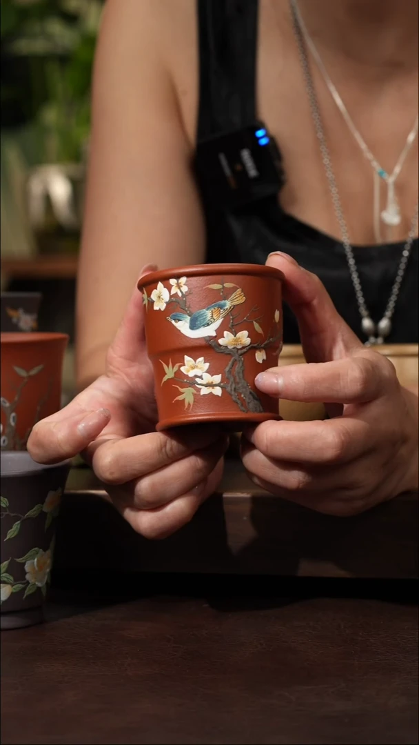 茶壶紫砂朱泥泥绘白玉兰竹节杯