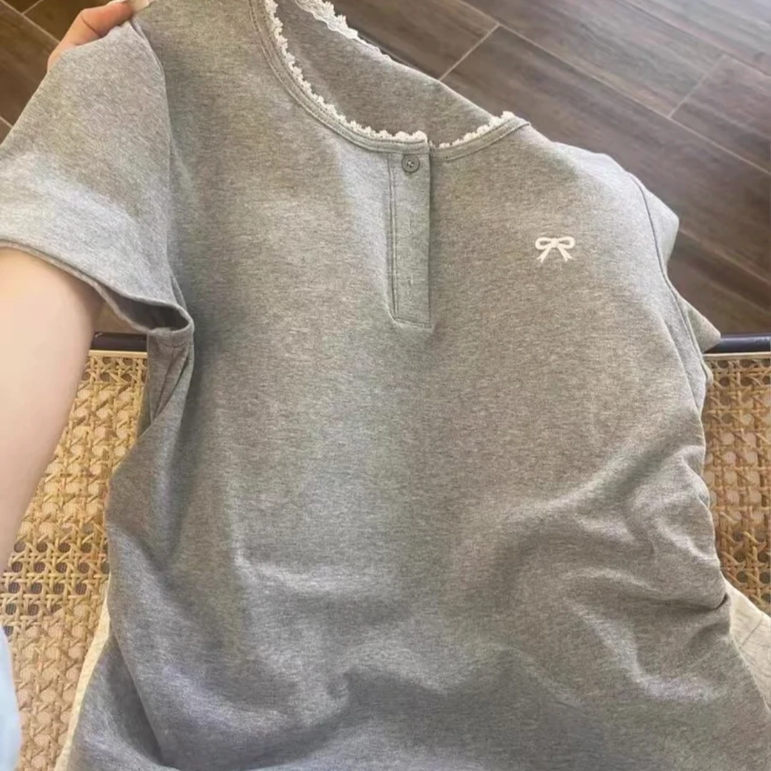 HMF 带胸垫夏季女士纯棉睡衣短袖短裤套装(花灰蝴蝶结)