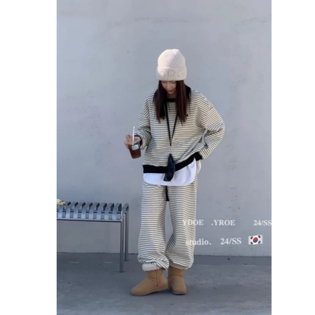 【HuiHui】韩版慵懒风休闲条纹加绒加厚卫衣+松紧腰休闲裤套装（A1)