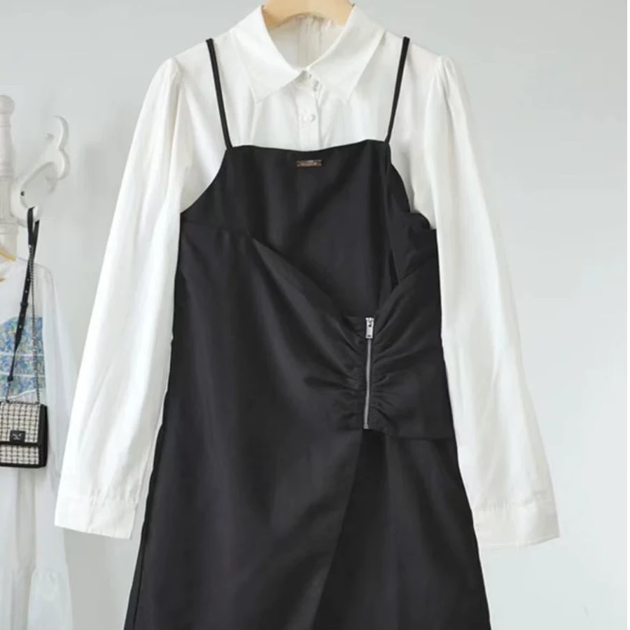 乐町女装春季正品商场同款甜酷假两件百搭连衣裙背带裙长袖裙子