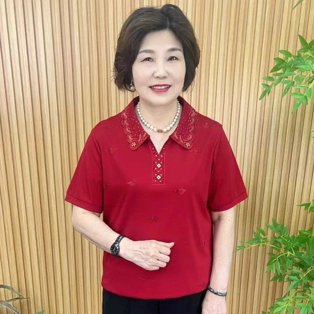 薄款纯色烫钻翻领常规中老年女装宽松休闲时尚小衫V8733妈妈装