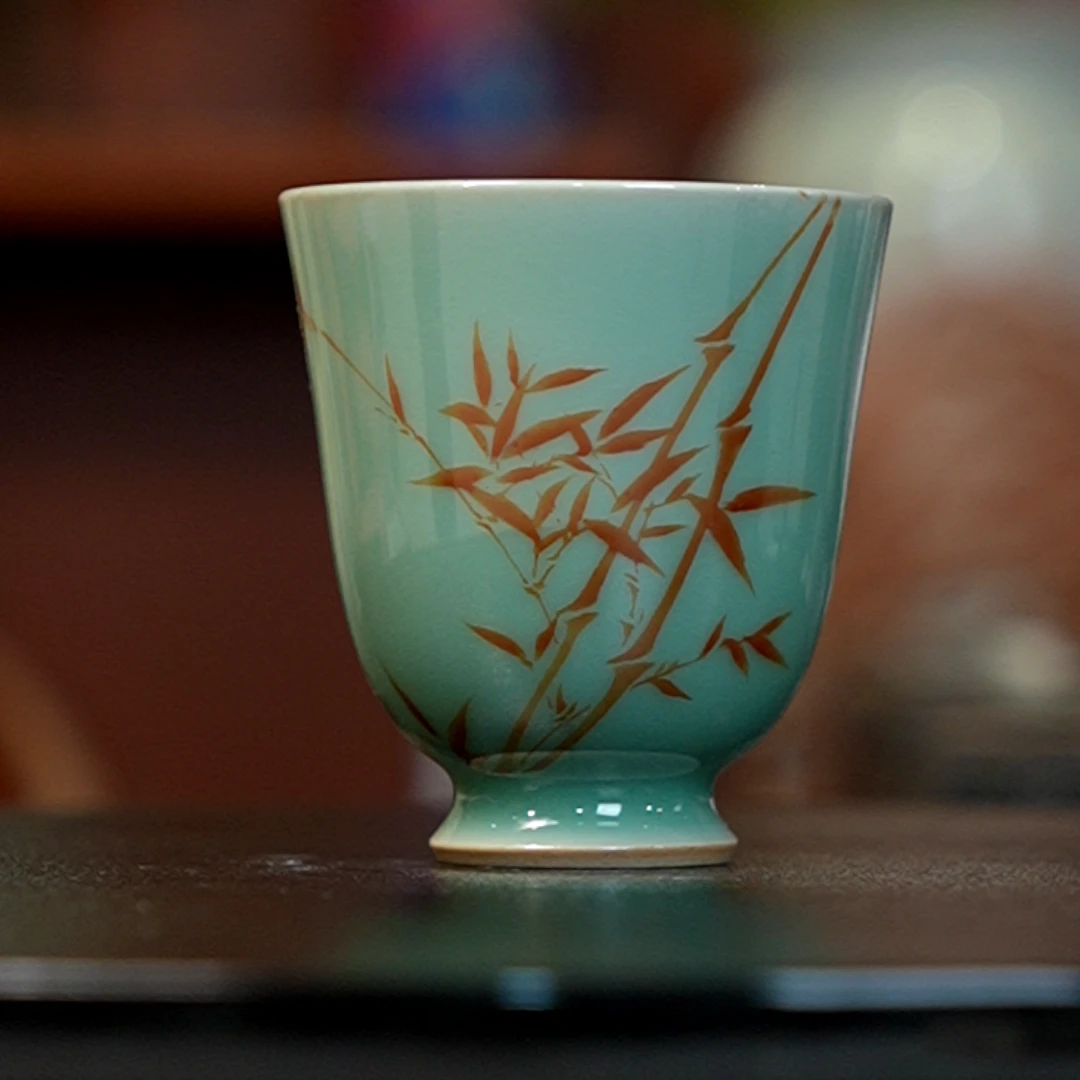 12.24/晓哥窑/青釉红竹铃铛杯