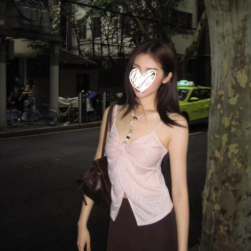 v领纽结串珠挂脖吊带上衣藕8661