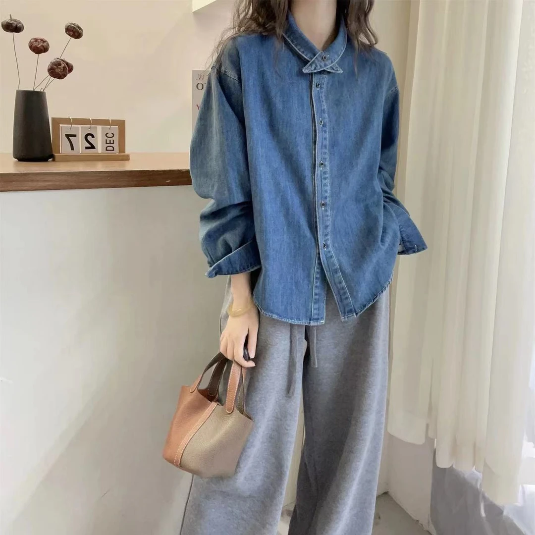 【特价不退换】欧货正肩复古水洗叠穿设计感小翻领牛仔衬衫长袖