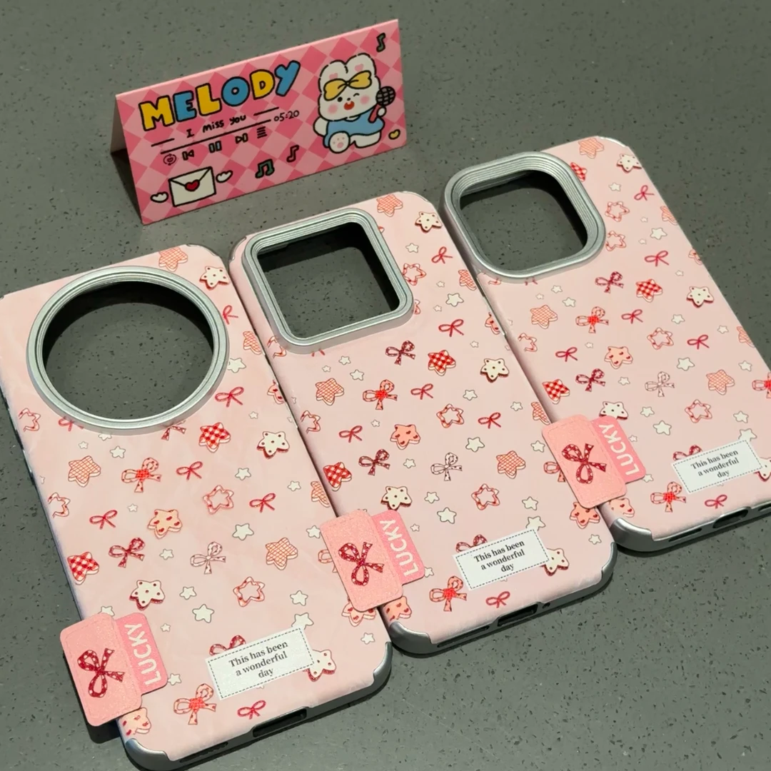 粉色爱心涂鸦蝴蝶结标签适用苹果16promax手机壳华为vivo小米oppo