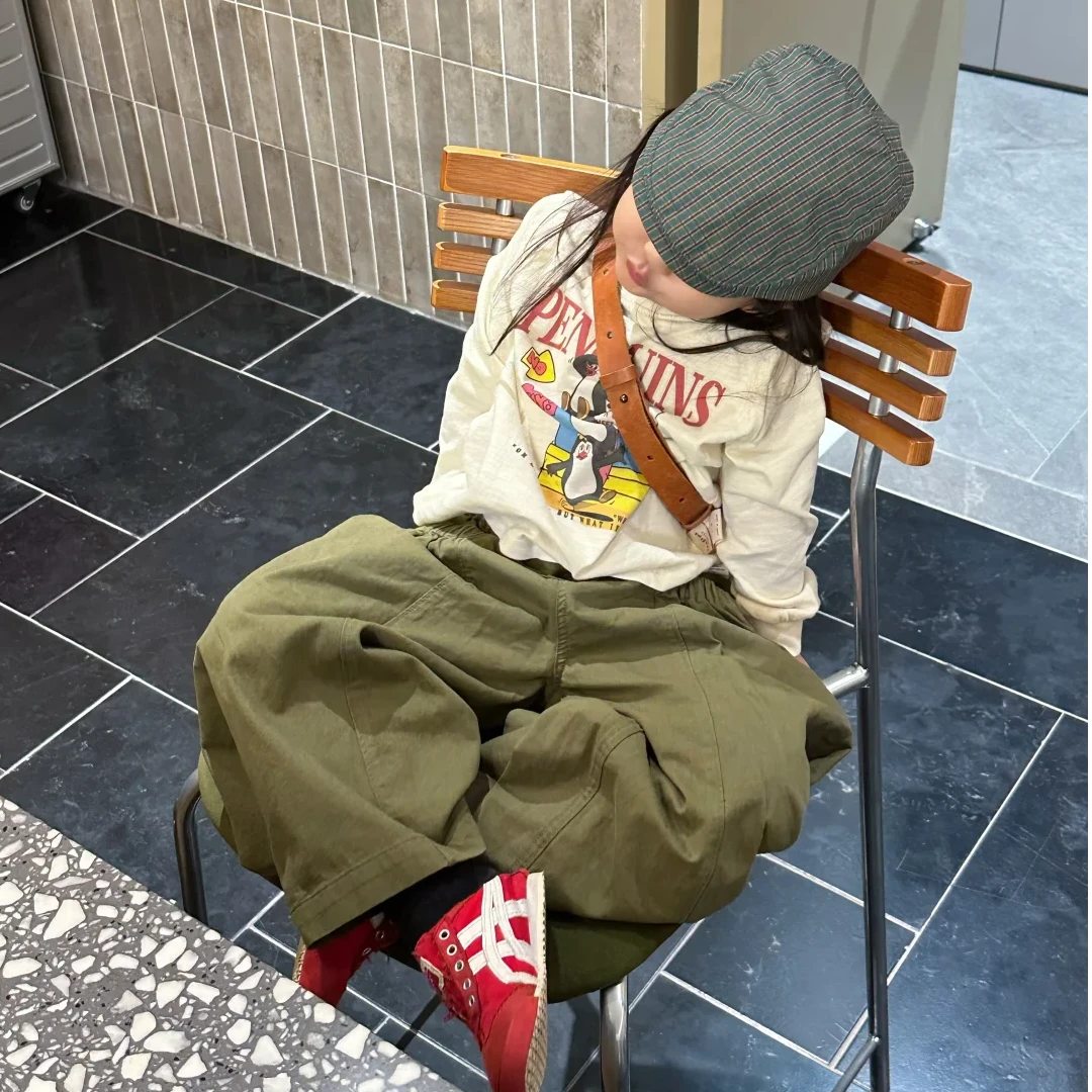壹妈童装女童韩系休闲卡通印花长袖上衣帅气男宝宝绿色阔腿裤套装
