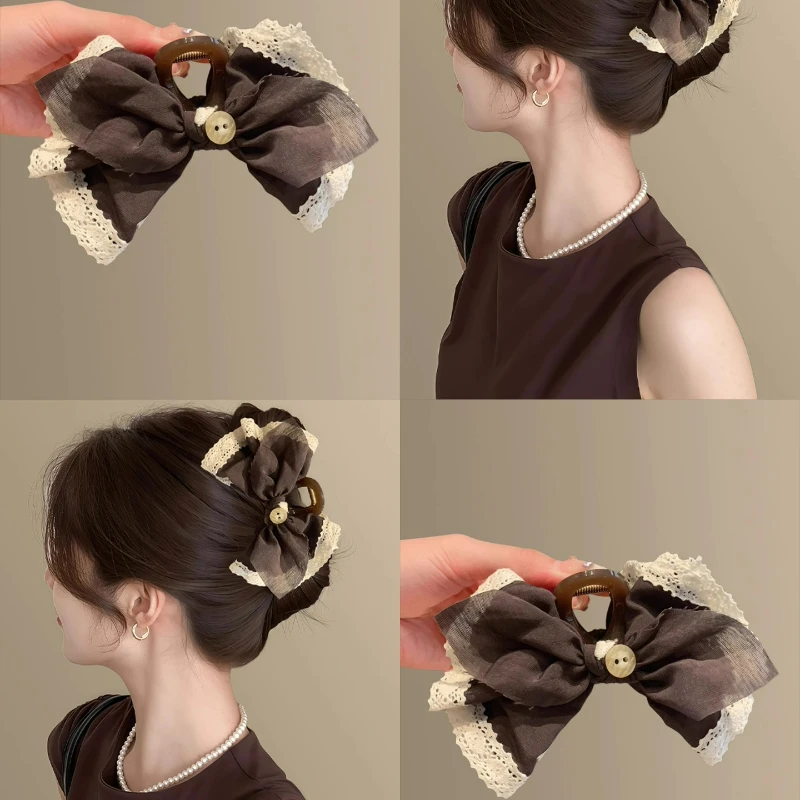 小众高级感蕾丝布艺发抓日韩系百搭蝴蝶结刺绣花朵盘发夹抓夹头饰