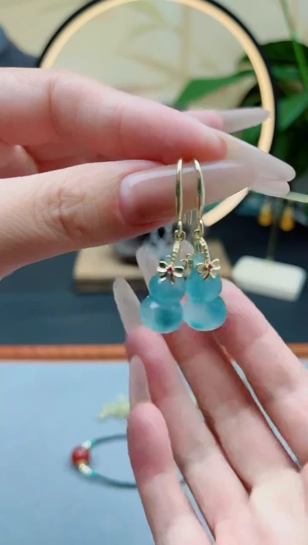 石英质玉（天山翠）银S925镶嵌耳饰00葫芦蓝水飘花