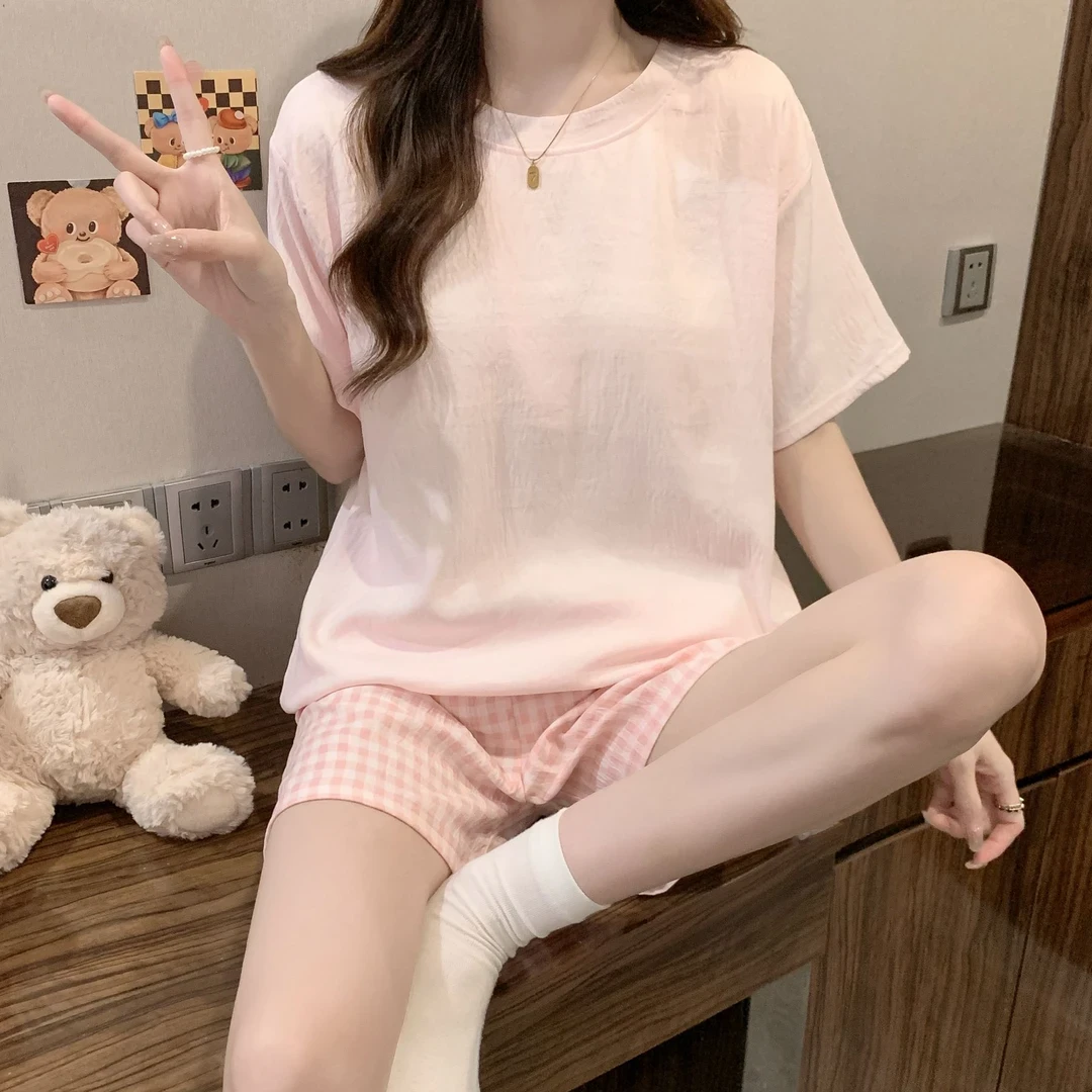 夏季带胸垫睡衣女新款短袖云朵棉套装宽松甜美夏天可外穿家居服女