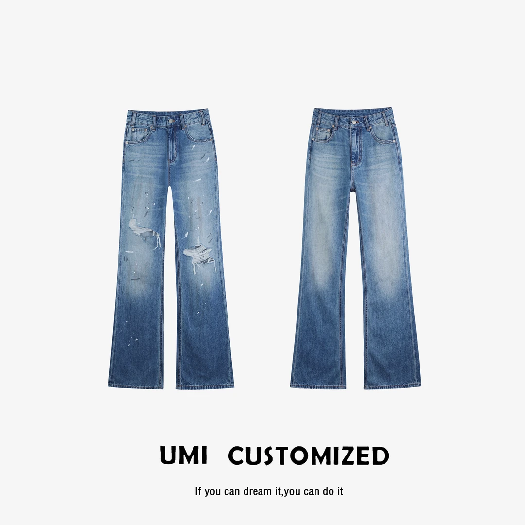 UMI "卡酷" 2025春夏无弹复古喷墨破洞直筒微喇牛仔裤 COSTOMZED