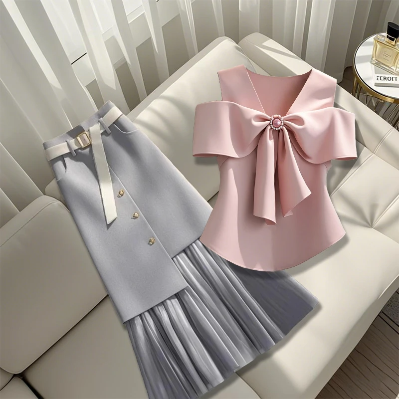 2025夏季新款温柔知性洋气设计感超好看蝴蝶结上衣高腰拼接半身裙