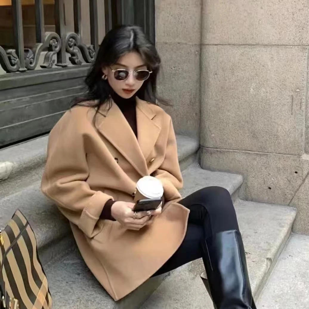 未使用 MaxMara Rebus系列 纯色短款双排扣长袖大衣外套