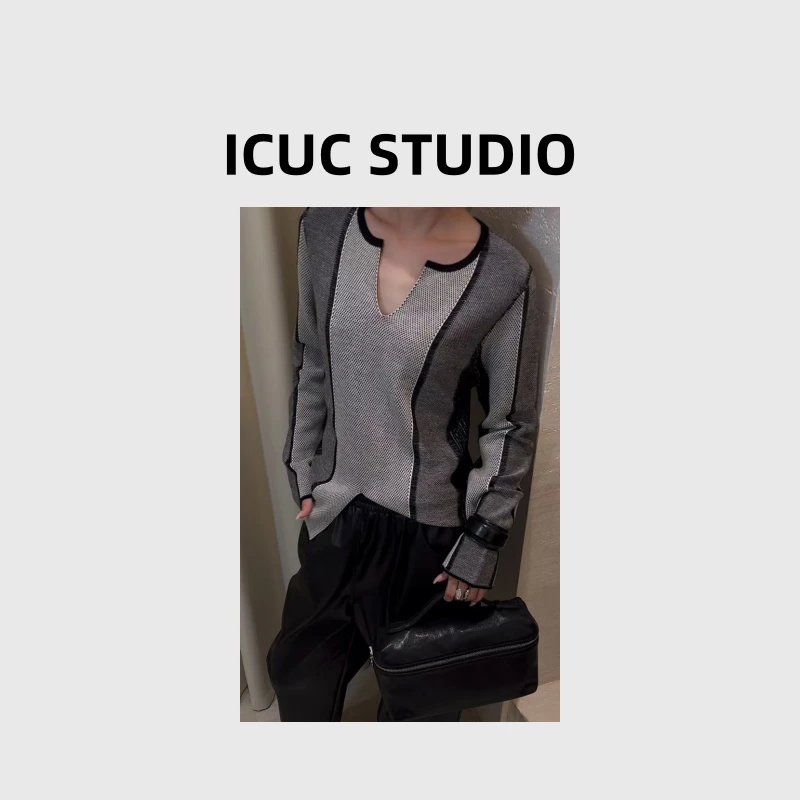 ICUC STUDIO-【琥珀流光撞色】设计感U领长袖羊毛打底衫8136