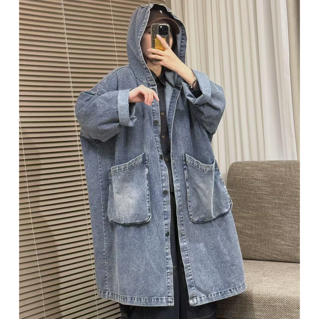 落肩袖休闲牛仔风衣女春季复古中长款韩版连帽时尚长款常规款