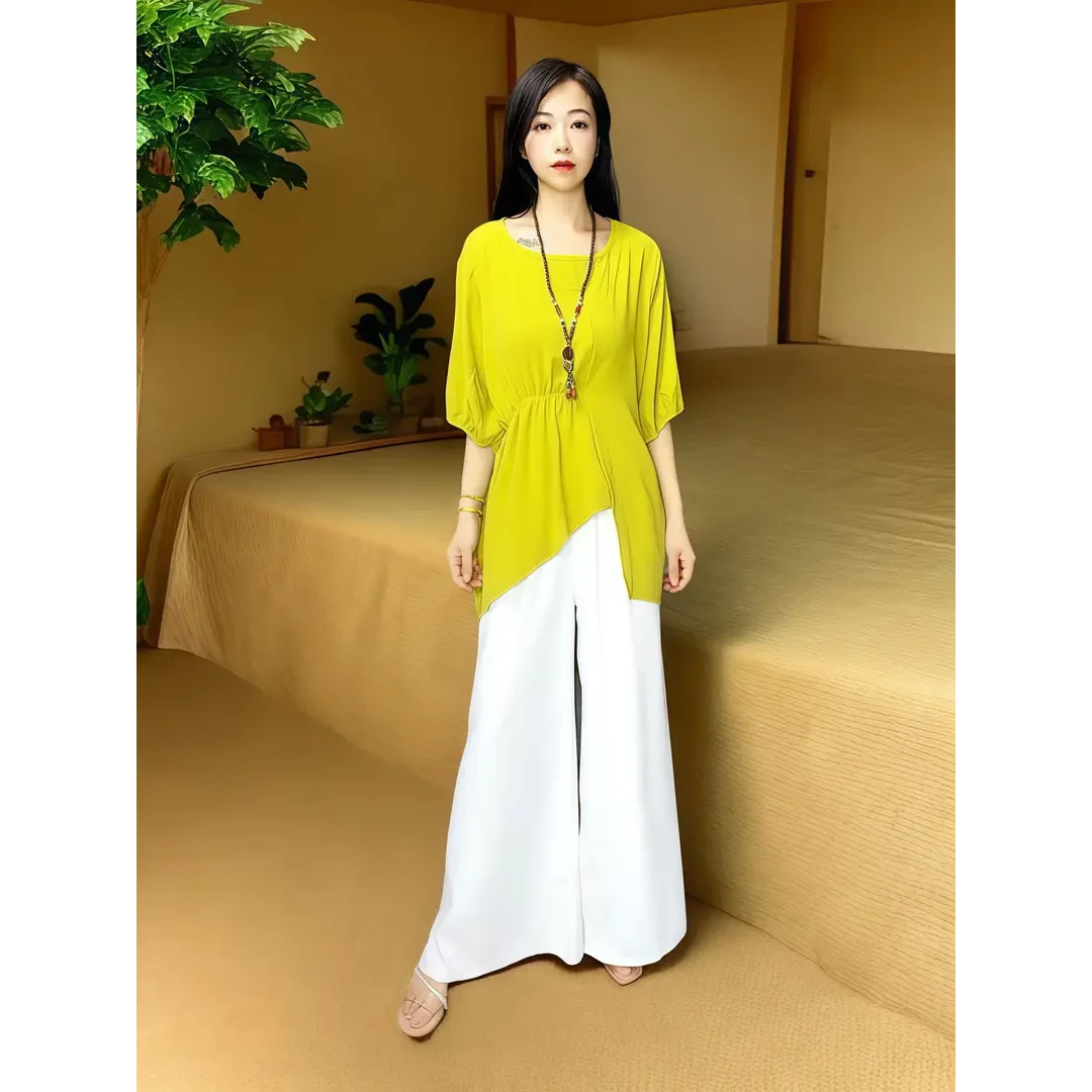 上衣休闲时尚宽松百搭气质不规则纯色夏季上衣6868（芥末黄 ）