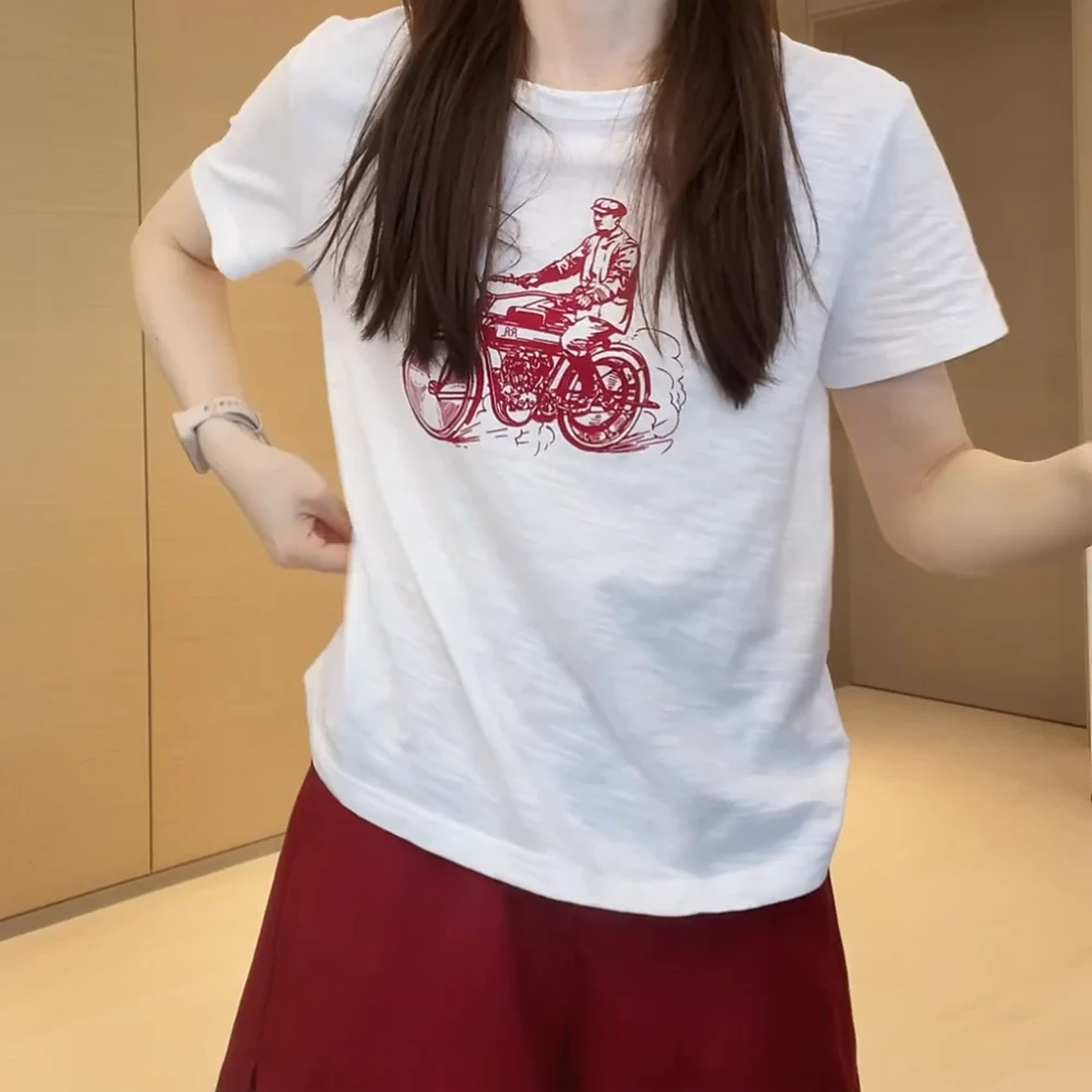 高定美式字母印花圆领百搭T恤女2025夏季新款修身短款短袖上衣
