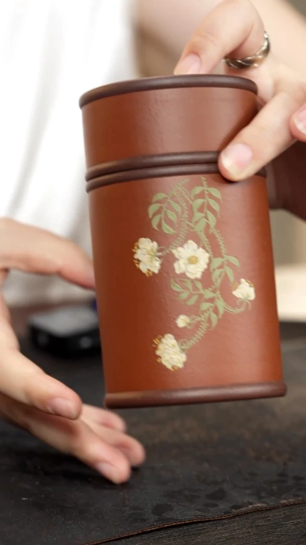 紫砂茶叶罐小罐朱泥泥绘海棠花