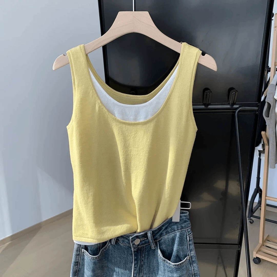 艾格春夏季假两件吊带背心女大码胖妹妹宽松遮肚内搭外穿百搭