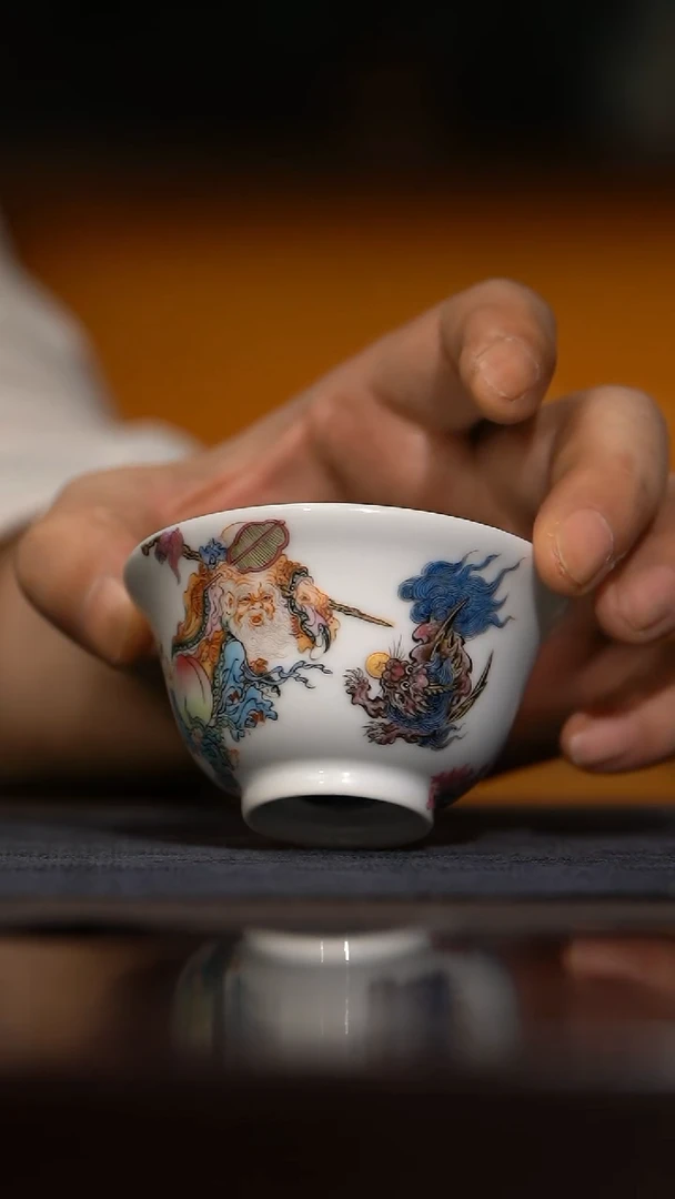 瓷片蓝***威游玉堂 洋彩寿星杯