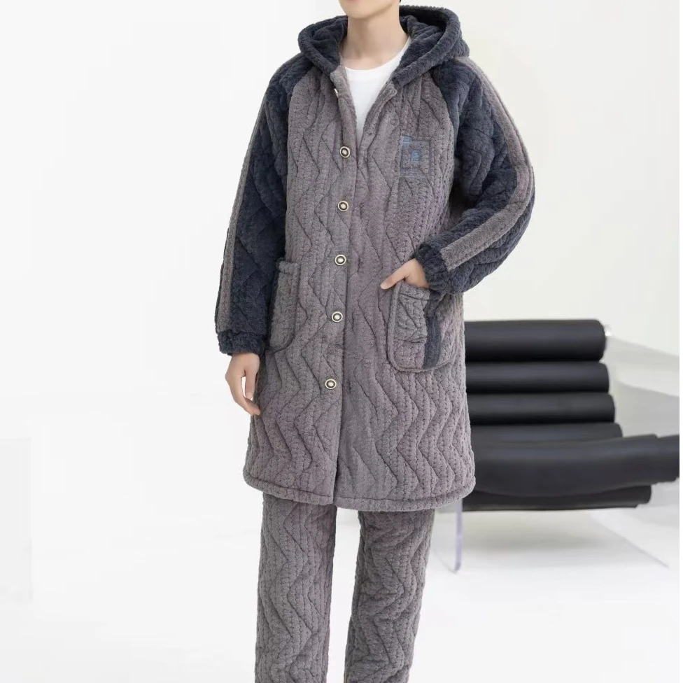 【5039冬季新款睡衣】男士三层加厚加绒夹棉睡衣经典简约套装可外穿