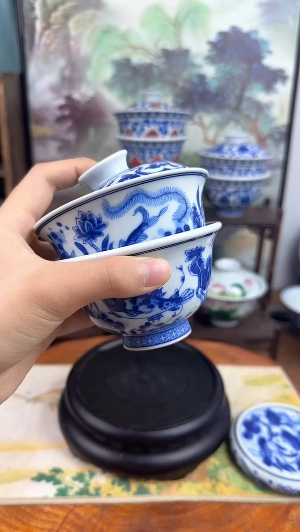 陶瓷仿成化鱼藻纹压手杯+仿成化鱼藻纹两才盖碗