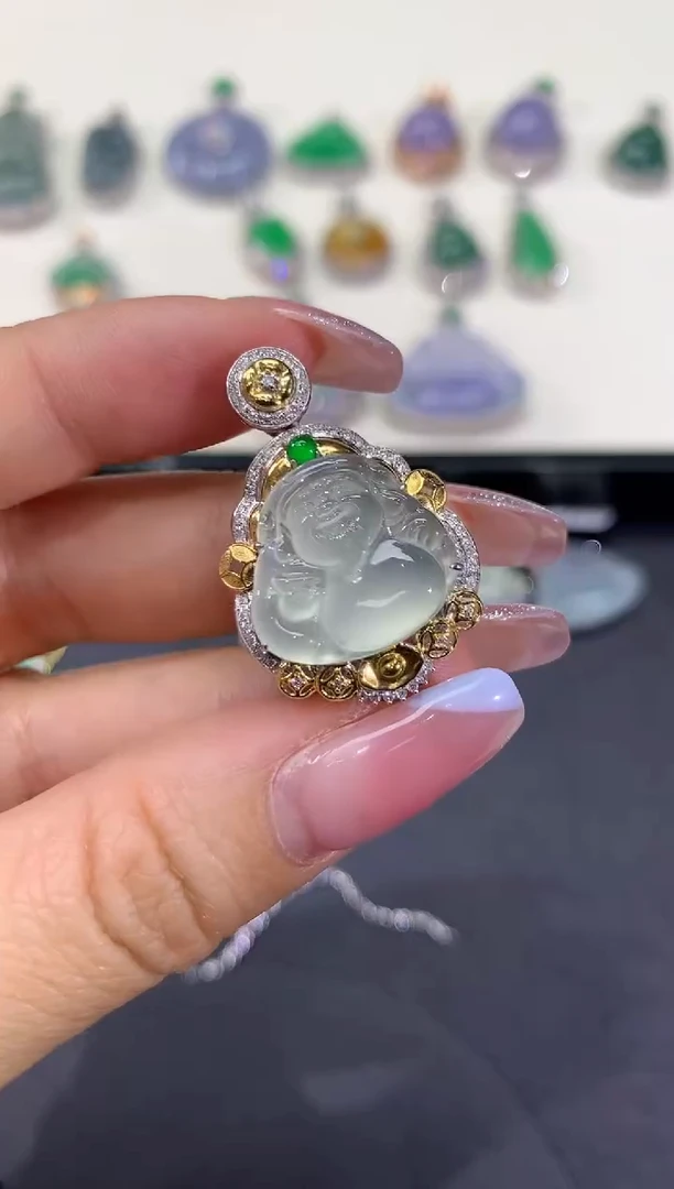 翡翠18K金镶嵌吊坠(不含链)天然A货翡翠