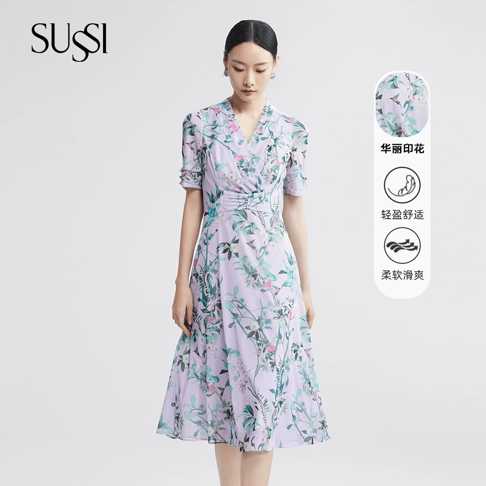【紫霞仙子】SUSSI/古色25夏商场同款风信紫V领优雅气质印花连衣裙