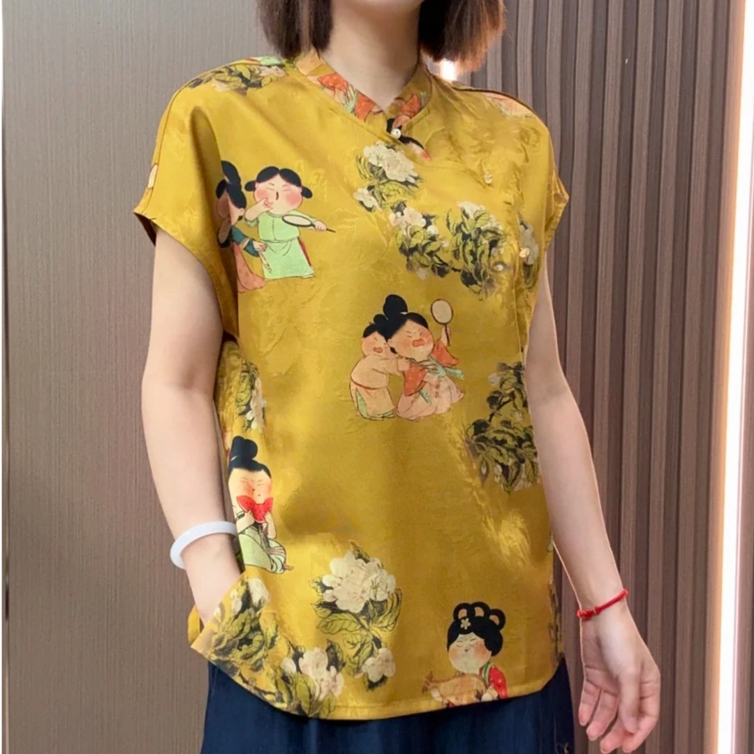 小糖人 2025夏季新款短袖百搭显瘦新中式短袖女日常长款T恤877