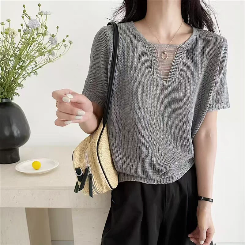 欧洲站2025春季韩版简约V领时尚设计感落肩针织衫品质女装上衣