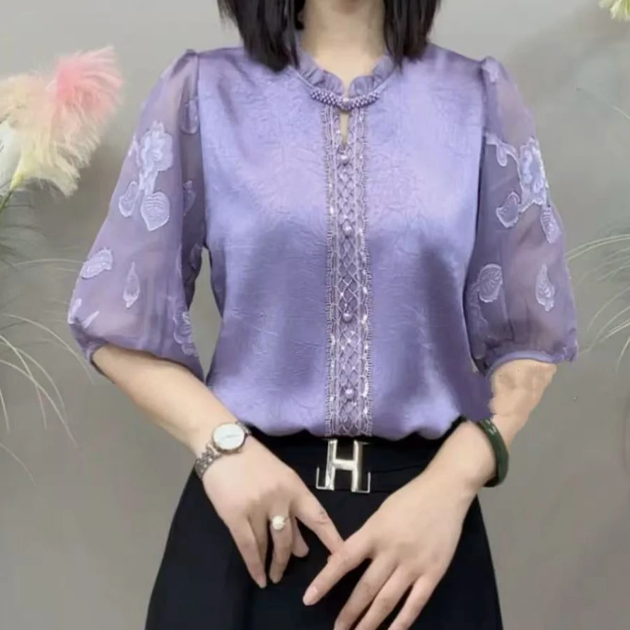 2025夏季夏季经典小花边领拼接蕾丝五分袖款气质百搭衬衫BX2091