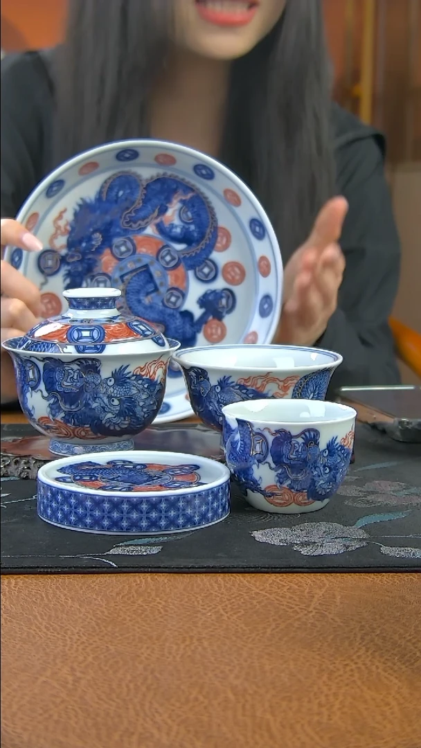 景德镇陶瓷招财龙纹盖碗套组