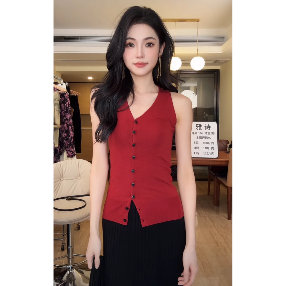 ZOUYASHIFA 气质红色纽扣针织背心上衣 YSA8878