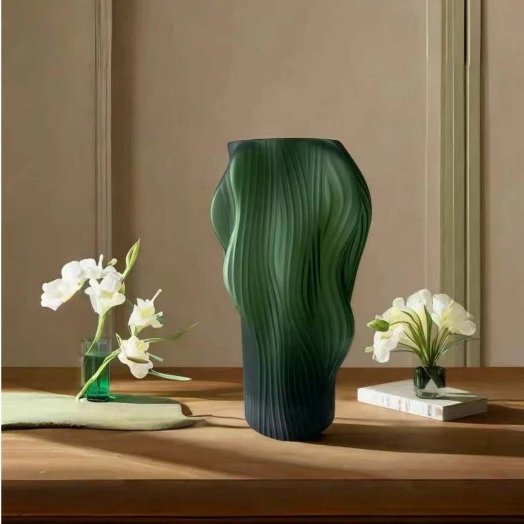 现代绿色简约异形波纹餐桌摆件玻璃花瓶家居软装干花软装饰品