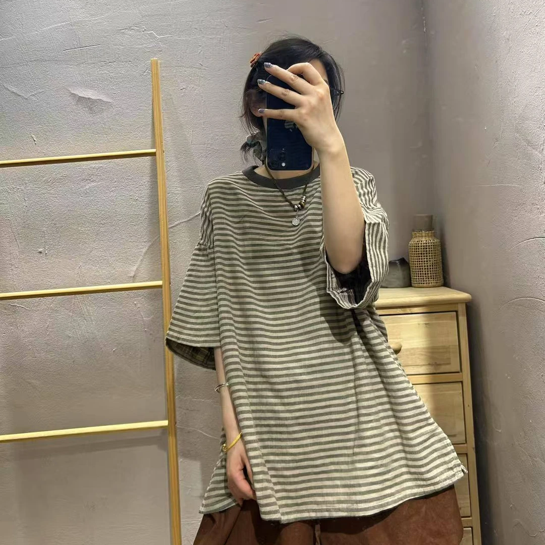 【半奏】夏季新款条纹短袖极简风宽松圆领时尚T恤 衣长73胸围136